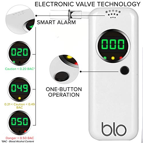 BLO-UK Alcoholímetro y Probador de Aliento Portátil con Pantalla LCD Digital y Resultados Rápidos y Precisos de Contenido de Alcohol en Sangre, 10 Boquillas Desechables para Pruebas De BAC Limpias