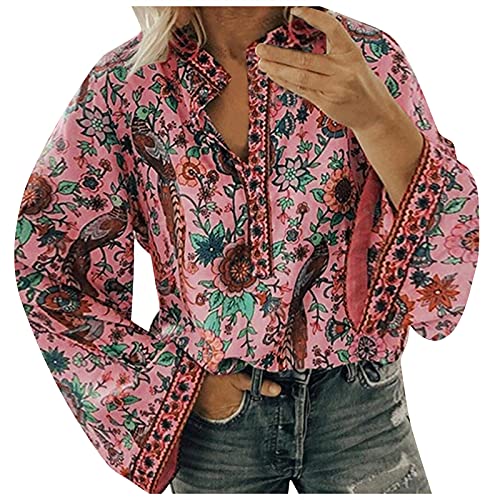 Blusen & Túnica para mujer, moda para mujer, jersey suelto, botón de manga larga, mangas acampanadas, cuello alzado, Rosa., XXXXL