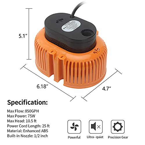 Bomba Sumergible Para Piscinas, SóTanos, Estanques De JardíN, Bomba De Agua Sucia Con Manguera De DesagüE Y Cable De AlimentacióN Extralargo De 25 Pies, 850 Gph En El Suelo, 3 Adaptadores (naranja)