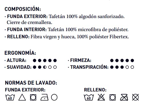 Bonitex Almohada Segura 70cm de Fibra Virgen 100%: Altura y firmeza Alta con Tacto Fil Suave tercipelo y Doble Funda