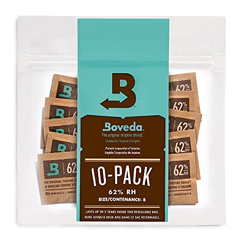 Boveda - Bolsitas para almacenar remedios naturales | Control doble de la humedad - 62 % HR | Tamaño 8 para un máximo de 30 g | Previene la pérdida de terpenos por sequedad y moho | Pack de 10 en bolsa hermética