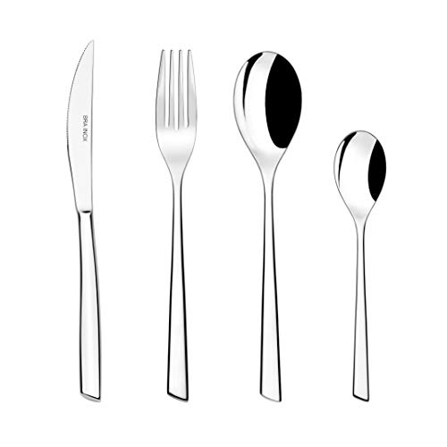 BRA Bari - Set de cubiertos de 24 piezas de acero inoxidable con cuchillo chuletero, acero inoxidable 18/10, diseño contemporaneo, acabado pulido brillante, espesor 3.5 mm (6 comensales)