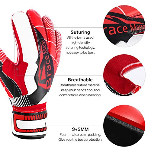 Brace Master Guantes de Portero con Fuerte Agarre y Protección para los Dedos, Guante de Portero de Palma 3 + 3MM para Hombres y Mujeres, Entrenamiento y Partido, Interiores y Exteriores