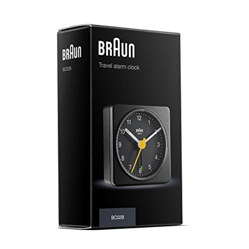 Braun BC-02-B Reloj despertador analógico, pantalla de fácil lectura, alarma creciente, agujas iluminadas, segundero amarillo, movimiento de precisión silencioso