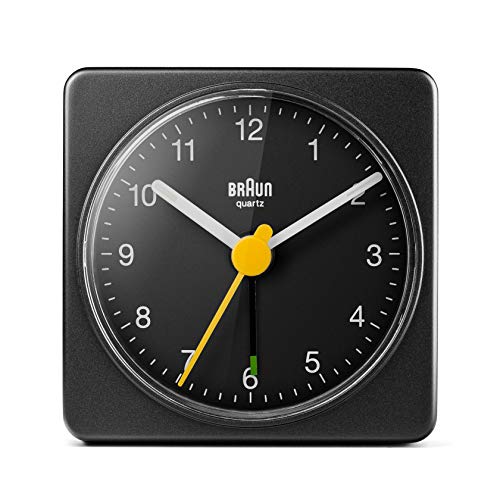 Braun BC-02-B Reloj despertador analógico, pantalla de fácil lectura, alarma creciente, agujas iluminadas, segundero amarillo, movimiento de precisión silencioso