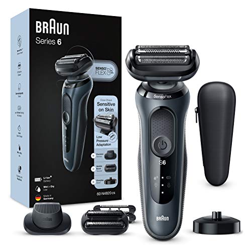 Braun Series 6 Afeitadora Eléctrica Hombre, Máquina de Afeitar Barba, Recortadora de Precisión, Cabezal SensoFlex, Base de Carga, Funda, Recargable, Resistente al Agua e Inalámbrica, 60-N4820 CS, Gris