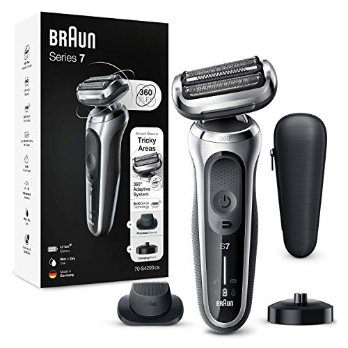 Braun Series 7 Afeitadora Eléctrica Hombre, Máquina de Afeitar Barba de Láminas con Recortadora de Precisión y Tecnología AutoSense, Base de Carga, Recargable, Inalámbrica, 70-S4200 CS, Plata