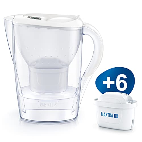 BRITA Marella blanca Pack Ahorro – Jarra de Agua Filtrada con 6 cartuchos MAXTRA+, Filtro de agua BRITA que reduce la cal y el cloro, Agua filtrada para un sabor óptimo, 2.4L