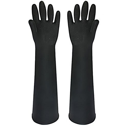 Buwico® 60 cm, guantes industriales de látex gruesos de color negro, guantes de limpieza industrial, impermeables, largos, resistentes al desgaste del ácido (1 par).