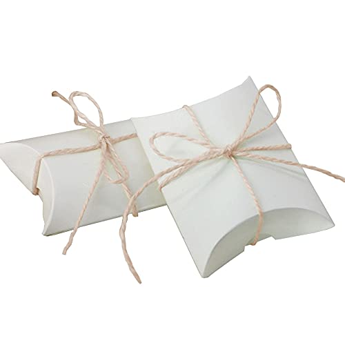 Cajas De Almohadas, 100 Piezas Caja De Dulces De Papel, Cajas De Almohada De Papel Kraft, con Cordón De Yute 60M, para Dulces, Joyas, Nueces, Chocolate (Blanco)