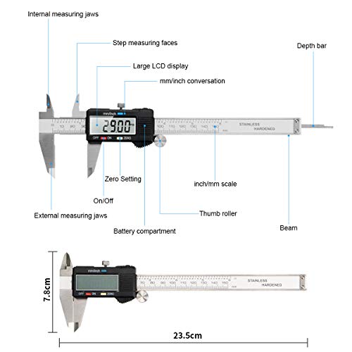 Calibre Digital, Qfun Pie de Rey Profesional Acero Inoxidable 150 mm con Pantalla LCD Grande Calibrador Digital Precisión 0.01mm Impermeable Medir Diámetro Interior Exterior Profundidad