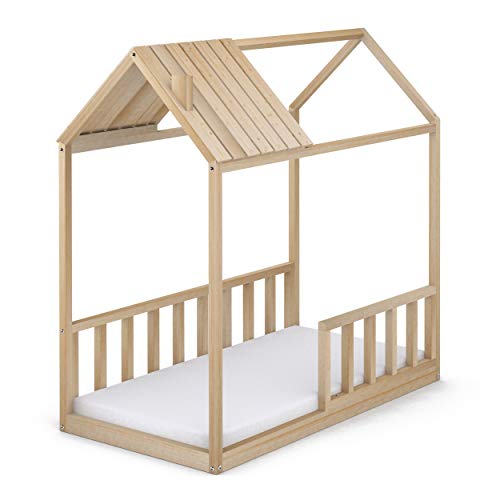 Cama Infantil Tipo Montessori, Casita Madera Natural con Barrera Barandilla, para niño y niña, 70 x 140 cm