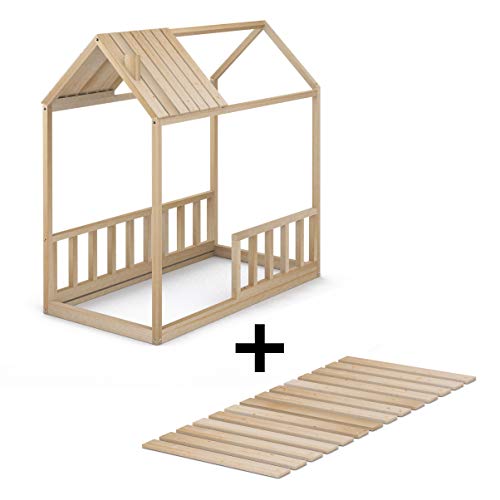 Cama Infantil Tipo Montessori, Casita Madera Natural con Barrera Barandilla, para niño y niña, 70 x 140 cm