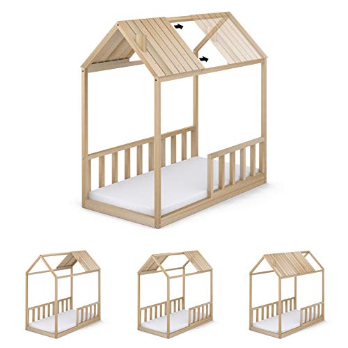 Cama Infantil Tipo Montessori, Casita Madera Natural con Barrera Barandilla, para niño y niña, 70 x 140 cm