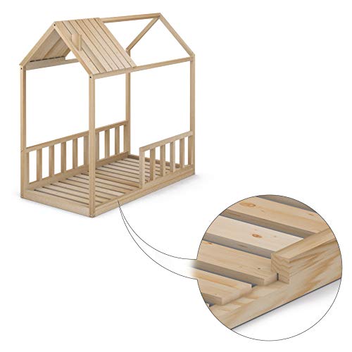 Cama Infantil Tipo Montessori, Casita Madera Natural con Barrera Barandilla, para niño y niña, 70 x 140 cm