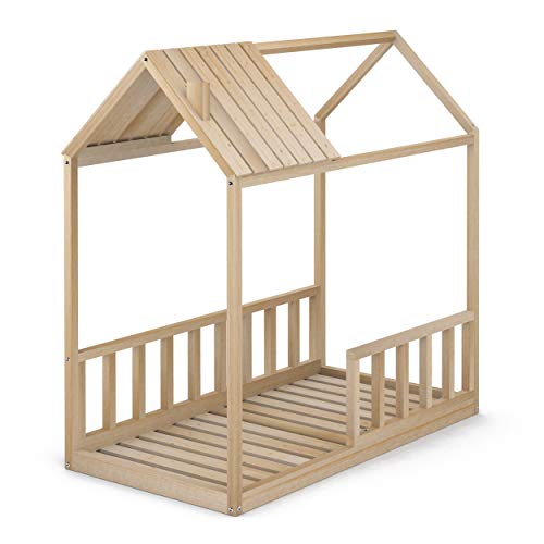 Cama Infantil Tipo Montessori, Casita Madera Natural con Barrera Barandilla, para niño y niña, 70 x 140 cm