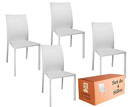 Camino a Casa ® | Set x4 Sillas Comedor, sillas Cocina, Silla Edge Blanca, Tela de Piel sintética, Espuma Eliocel Densidad de 38Kg en Asiento y Respaldo de 25kg, Estructura Hierro Cromado Revestido