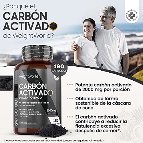 Carbón Activado Cápsulas 2000mg 180 cápsulas | Suplemento Dietético Para Gases, Digestión y Flatulencia, Carbón Vegetal Activado de Cáscara de Coco 100% Natural Keto, Testado en Laboratorio