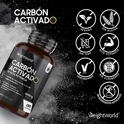 Carbón Activado Cápsulas 2000mg 180 cápsulas | Suplemento Dietético Para Gases, Digestión y Flatulencia, Carbón Vegetal Activado de Cáscara de Coco 100% Natural Keto, Testado en Laboratorio