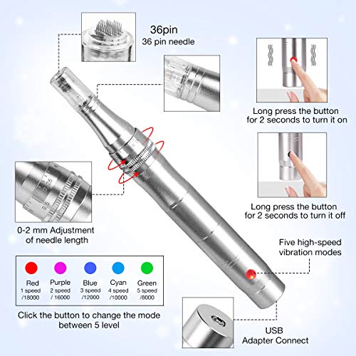 CARER SPARK,Dermapen Eléctrico, Dermaroller 0,25 mm a 2 mm, con 5 cartuchos inalámbricos recargables USB, antienvejecimiento (Derma Pen)