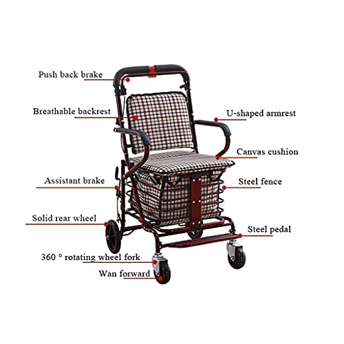 Carrito De La Compra Autopropulsado, Carrito De La Compra Plegable para Anciano con Asiento, Andadores para Personas Mayores, Apto para Alturas Inferiores A 158 Cm, Carga 100 (Rojo Vino)