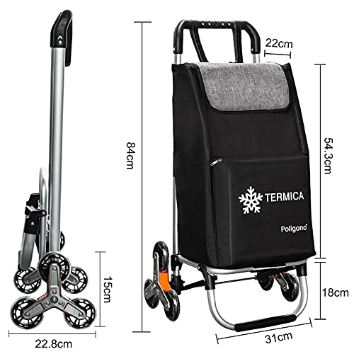 Carro de almacenamiento con compartimento térmico, sistema 3 + 3 ruedas, salero, fabricado en aleación de aluminio con bolsa de poliéster resistente al agua, color negro