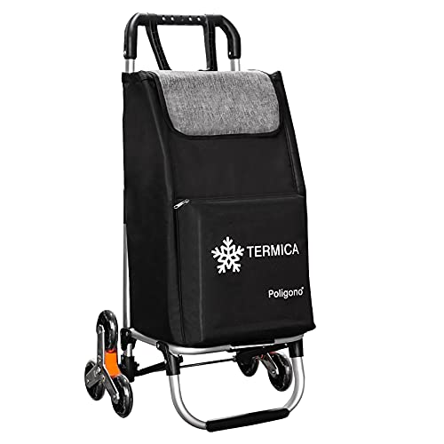 Carro de almacenamiento con compartimento térmico, sistema 3 + 3 ruedas, salero, fabricado en aleación de aluminio con bolsa de poliéster resistente al agua, color negro