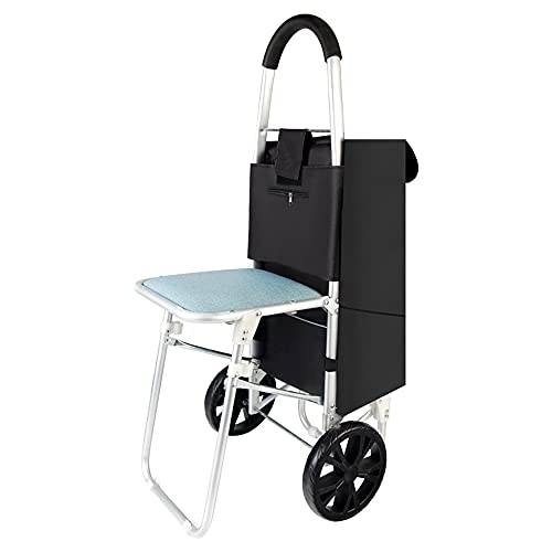 Carro de la compra con asiento abatible, 60 litros de volumen, ruedas grandes, asiento abatible Capacidad de carga de 50 kg, negro