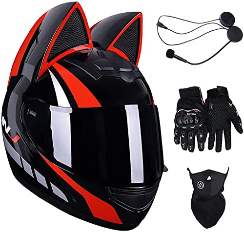 Casco Bluetooth Con Orejas De Gato Para Motocicleta Para Adultos Niñas Hombres Mujeres Aprobado Por ECE Casco Integral De Motocicleta Para Scooter Crucero Guantes Gratis Máscara C2, L=57-59CM