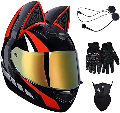 Cascos Integrales De Motocicleta Bluetooth Con Orejas De Gato Hombres Mujeres Cascos Integrales Con Visera Abatible Casco De Protección Aprobado Por ECE Con Máscara Guante Gratis C2, L=57-59CM