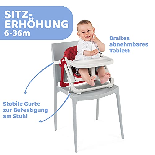 Chicco Chairy, Asiento Elevador de 6 Meses a 3 Años (15 kg), Trona Convertible en Silla Infantil, Portátil, Ajustable y Evolutiva, Cierre Compacto y Bandeja Extraíble – Mariquitas Rojo (Ladybug)