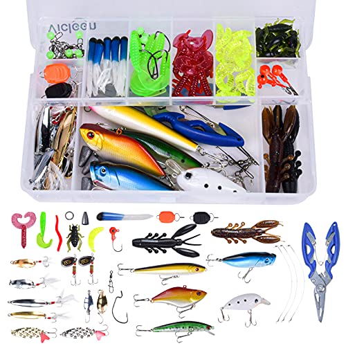 Chstarina 120 Piezas Señuelos de Pesca Kits de Señuelos Pesca Accesorios de Pesca Cebos Artificiales Articulos de Pesca Incluido Caja Tackle Ganchos Tijeras Cebos Grillos y más