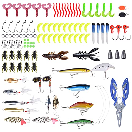 Chstarina 120 Piezas Señuelos de Pesca Kits de Señuelos Pesca Accesorios de Pesca Cebos Artificiales Articulos de Pesca Incluido Caja Tackle Ganchos Tijeras Cebos Grillos y más