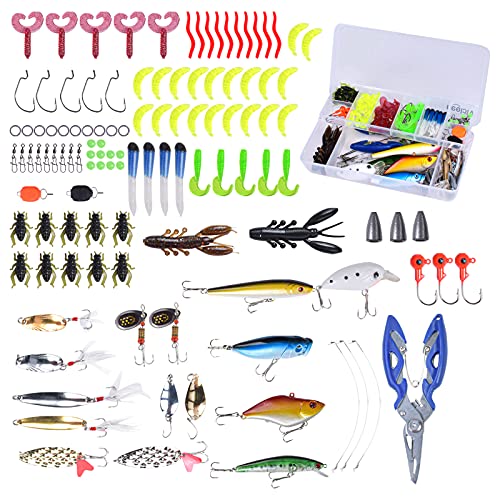 Chstarina 120 Piezas Señuelos de Pesca Kits de Señuelos Pesca Accesorios de Pesca Cebos Artificiales Articulos de Pesca Incluido Caja Tackle Ganchos Tijeras Cebos Grillos y más