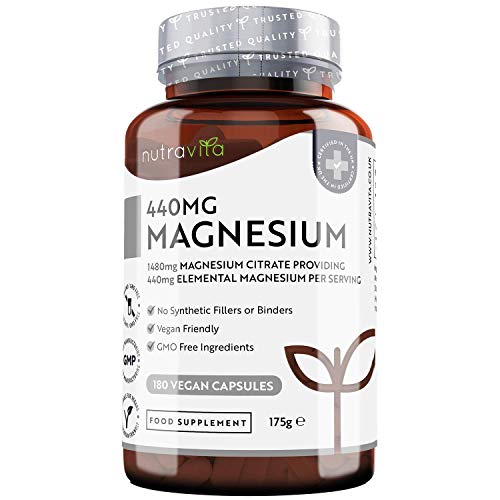 Citrato de Magnesio 1480mg que Proporciona 440mg Alta Dosis de Magnesio Elemental - Alta Biodisponibilidad - 180 Cápsulas Veganos - Suministro 90 Días - Fabricado en el Reino Unido por Nutravita