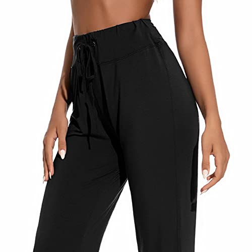 CMTOP Pantalones de Yoga Pilates para Mujer Modal Alta Cintura Elásticos Pierna Ancha Pantalones de Entrenamiento con cordón Casuales Chandal Deportivo para Yoga Jogger Fitness(Negro,L)