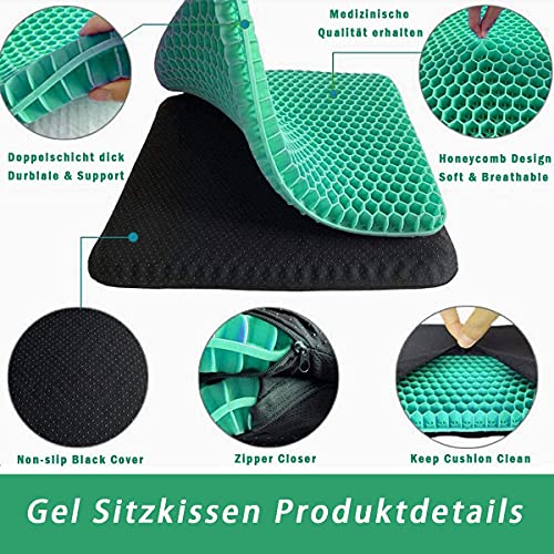 Cojín de Gel Multifuncional, Cojín de Gel para Asiento de Oficina, Cojín Ortopédico, Cojín de Silla de Apoyo Transpirable con Funda Antideslizante, Ideal para Coche, Oficina y Silla de Ruedas（Verde）