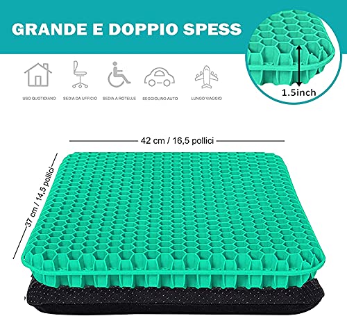 Cojín de Gel Multifuncional, Cojín de Gel para Asiento de Oficina, Cojín Ortopédico, Cojín de Silla de Apoyo Transpirable con Funda Antideslizante, Ideal para Coche, Oficina y Silla de Ruedas（Verde）