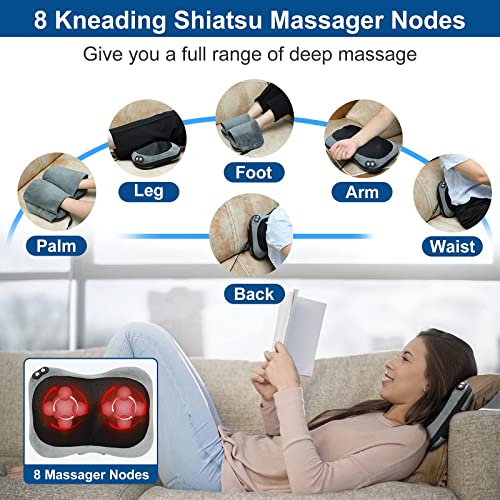 Cojín Masajeador Eléctrico Cojín de Masaje Shiatsu con 8 Nodos 3D Masajeador Almohada 3 velocidades ajustables,con Calor para Cuello Hombros Espalda Piernas Pies para Oficina Hogar y Coche