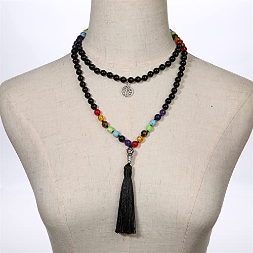 COKILU 108 japa Mala 7 Chakra Piedra Natural con Cuentas Collar Anudado Yoga bendición meditación joyería con árbol de la Vida Tassel Colgante Pendiente Fuera del Mal espíritu Dinero Dibujo DE Dinero