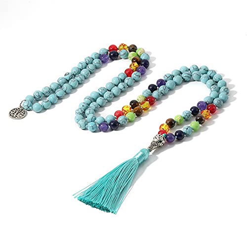 COKILU 108 japa Mala 7 Chakra Piedra Natural con Cuentas Collar Anudado Yoga bendición meditación joyería con árbol de la Vida Tassel Colgante Pendiente Fuera del Mal espíritu Dinero Dibujo DE Dinero