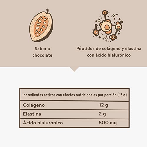 Colágeno con elastina y ácido hialurónico - Péptidos de hidrolizado de colágeno de tipo I, II y III - Sin aditivos - Sabor chocolate - 450 gramos