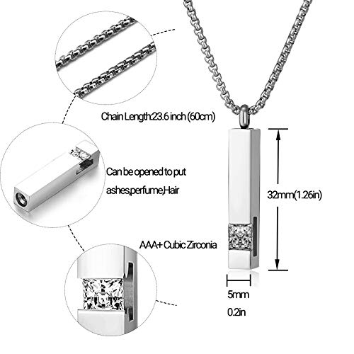 collares de urna para cenizas, collar de urna de cremación de acero inoxidable, collar con colgante de barra de plata negra y colgante de cenizas, joyería de recuerdo con circonita cúbica