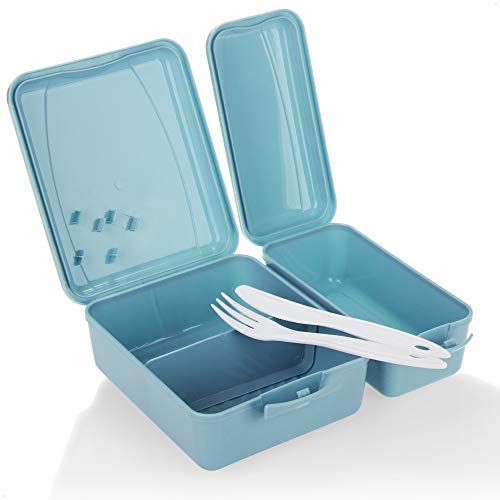 COM-FOUR® 2x Fiambrera con dos compartimentos separados - Fiambrera para llevar, con cubiertos, cuchillo y tenedor en la tapa (2 piezas - azul verde)