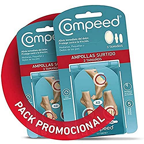 COMPEED Ampollas Surtido, 5 Apósitos Hidrocoloides - Pack de 2 (Total 10), Tratamiento de Pies, Un paquete contiene 2 x Medianas, 2 x Pequeñas, 1 x Entre dedos