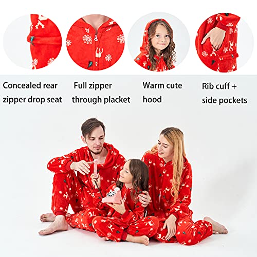 Conjunto de Pijamas Navideños Familiares a Juego, Pijama de Franela con Asiento Abatible, Capucha, Cemallera, Una Pieza, Pijama Suave y Cálido para Parejas, Hombres, Mujeres, Niños, Mascotas