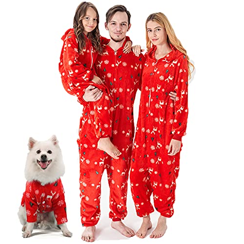 Conjunto de Pijamas Navideños Familiares a Juego, Pijama de Franela con Asiento Abatible, Capucha, Cemallera, Una Pieza, Pijama Suave y Cálido para Parejas, Hombres, Mujeres, Niños, Mascotas