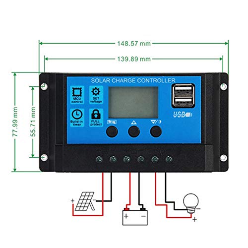 Controlador de carga solar 12V 24V, 60A Auto Controlador de carga solar Panel solar Regulador de batería Pantalla USB dual LCD, Controlador de carga solar Controlador PWM(60A)