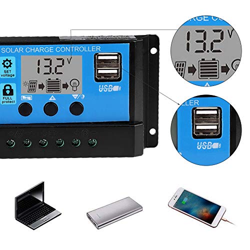 Controlador de carga solar 12V 24V, 60A Auto Controlador de carga solar Panel solar Regulador de batería Pantalla USB dual LCD, Controlador de carga solar Controlador PWM(60A)