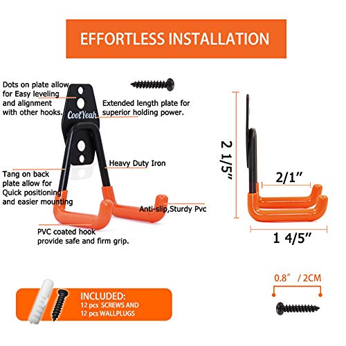CoolYeah Ganchos dobles de acero para almacenamiento de garaje, resistentes, para organizar herramientas eléctricas, pequeños ganchos en U (paquete de 6, 2 x 2,8 x 10,7 cm)